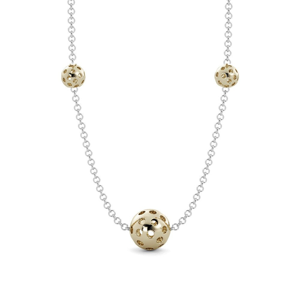 A perfect gift for the pickleball enthusiast, this beautiful sterling silver necklace is sure to delight. Show your love for the sport with three 14k gold plated pickleballs set in a 18" long sterling silver chain. Score style points while supporting the game you know and love!
