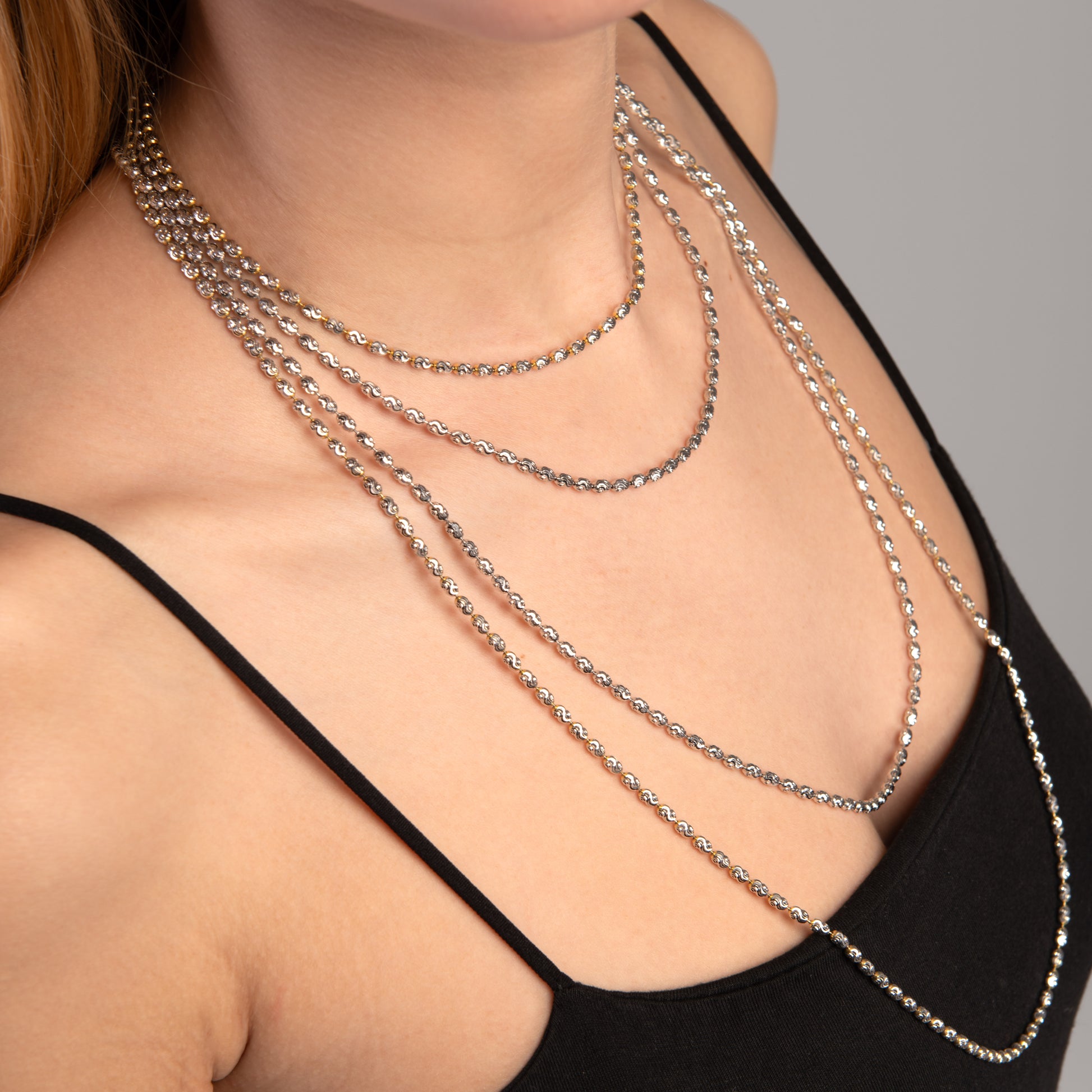 Try On View of Sterling Silver Bead Diamond Cut Necklace