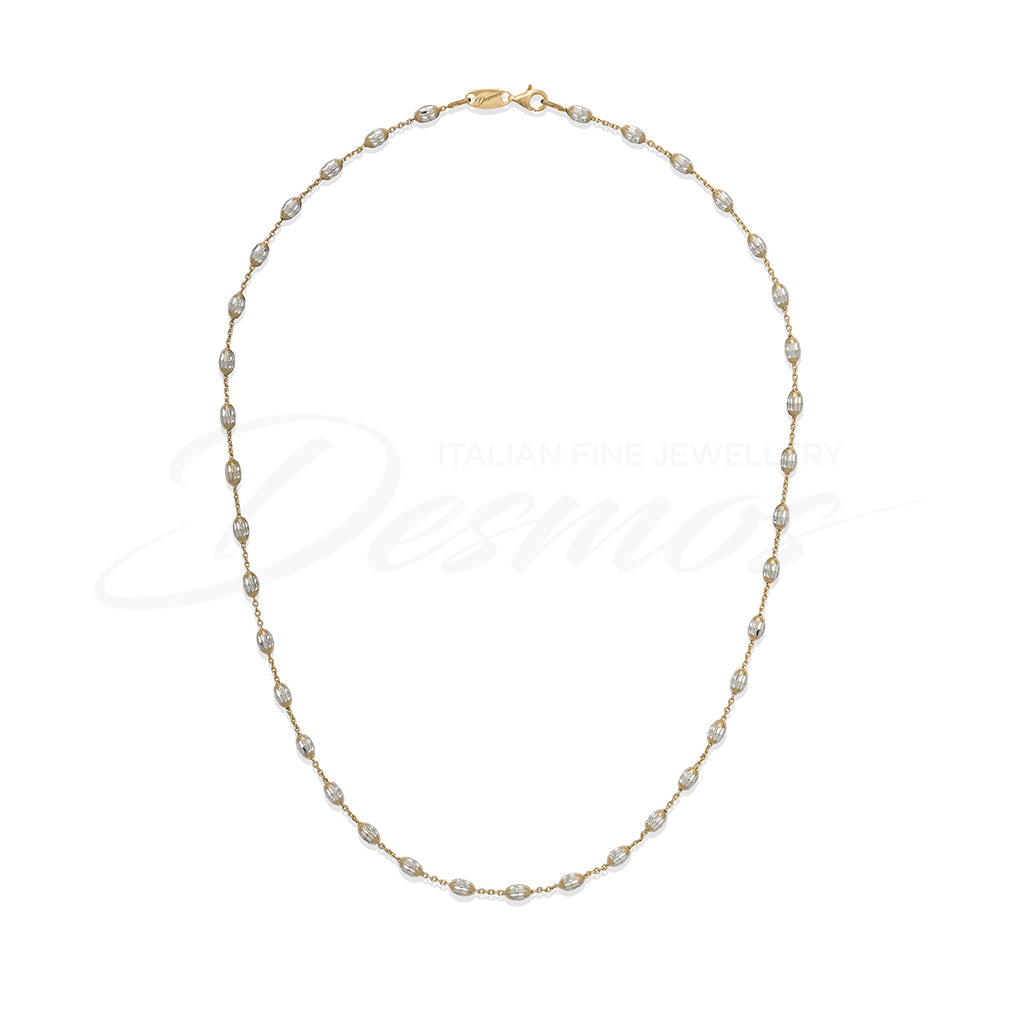 This Sterling Silver Tricolor Necklace from the Italian collection by Desmos features a 30" chain secured with a lobster catch, and tricolor 24k gold-plated diamond cut beads. A timeless piece for everyday elegance.