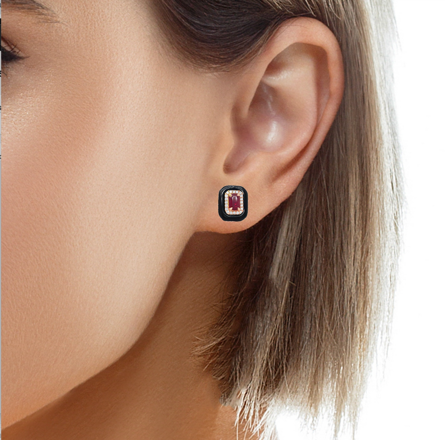 Ruby and Diamond Stud Earrings Set in Onyx Try on View