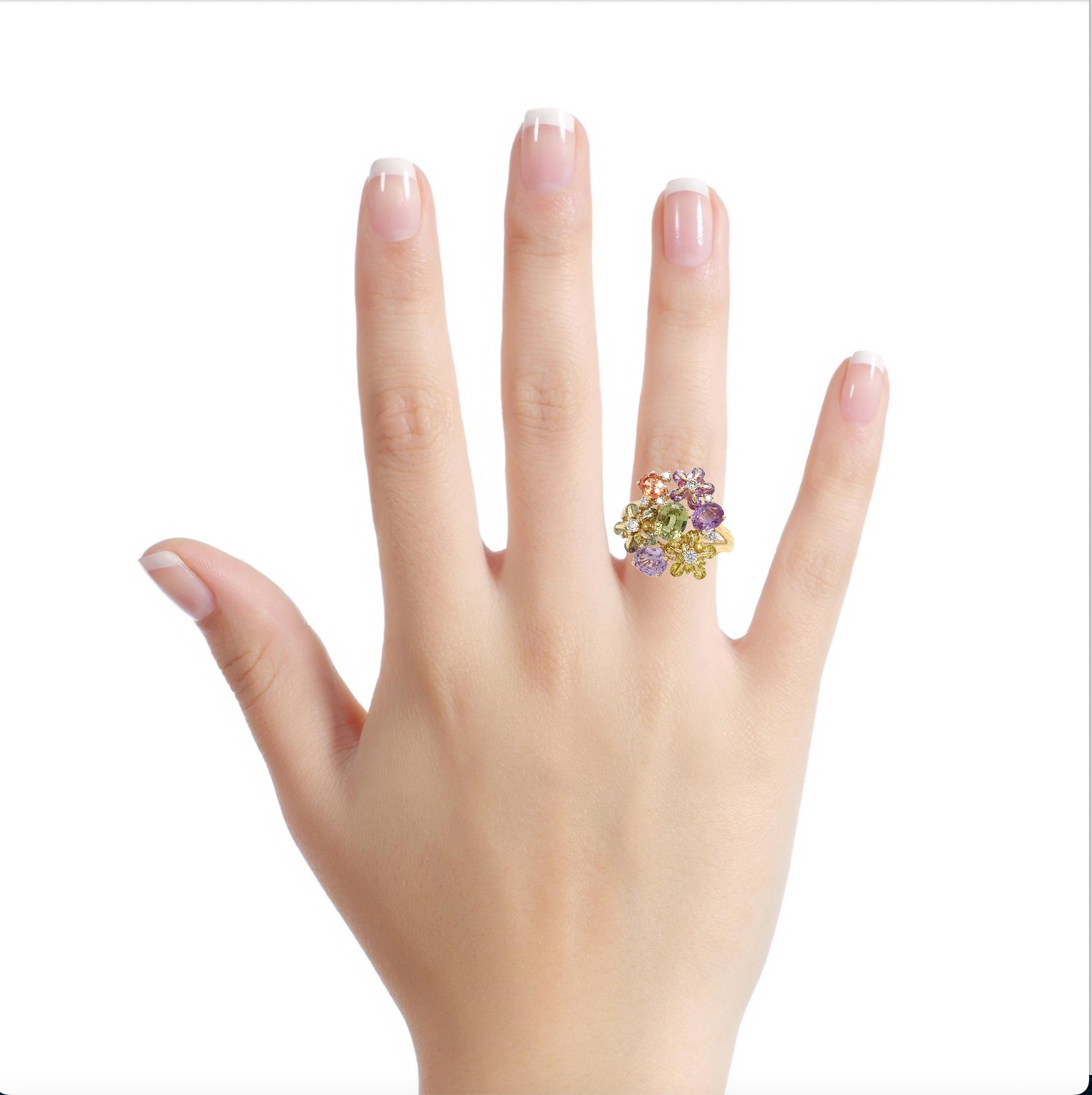 Multicolor Sapphire & Diamond Flower Motif Ring Try on View