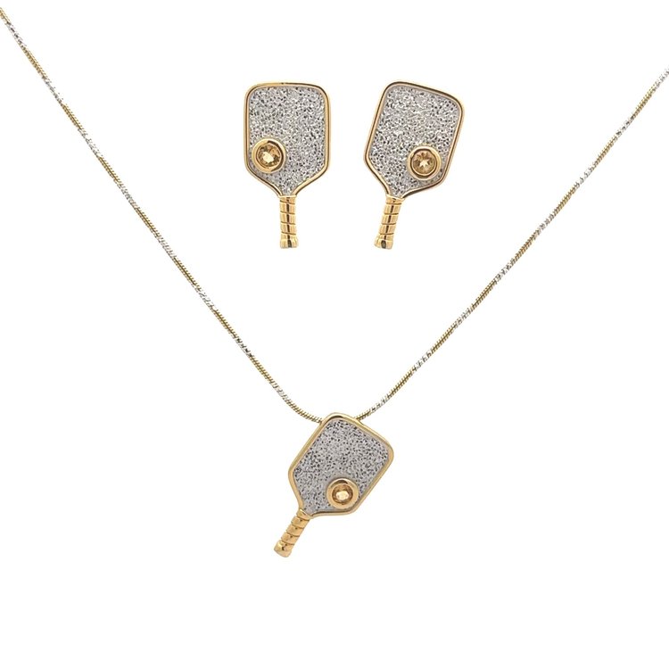 A perfect gift for the pickleball enthusiast, this beautiful sterling silver earrings is sure to delight. Show your love for the sport with these pickleball paddles with a round citrine. Score style points while supporting the game you know and love!  Necklace is optional #235-219 $199.00