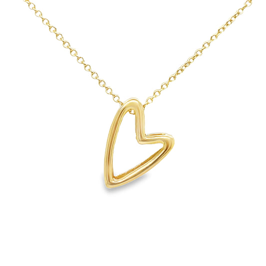14k Yellow Gold Tilted 3D Heart Necklace 16" Front view 
