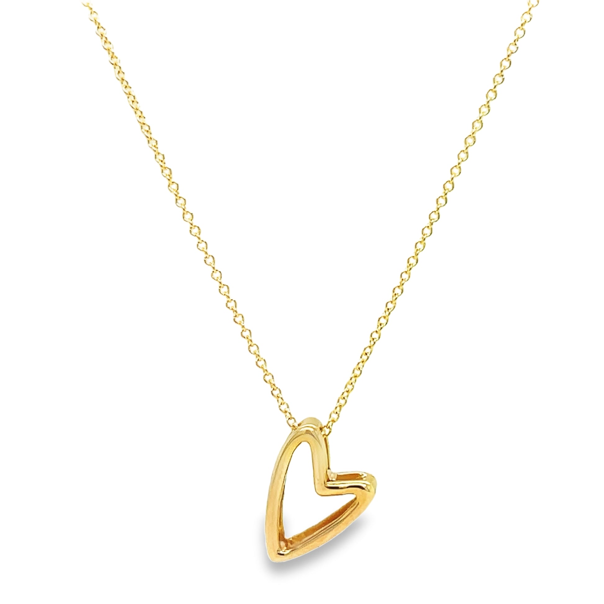 14k Yellow Gold Tilted 3D Heart Necklace 16" Front view 