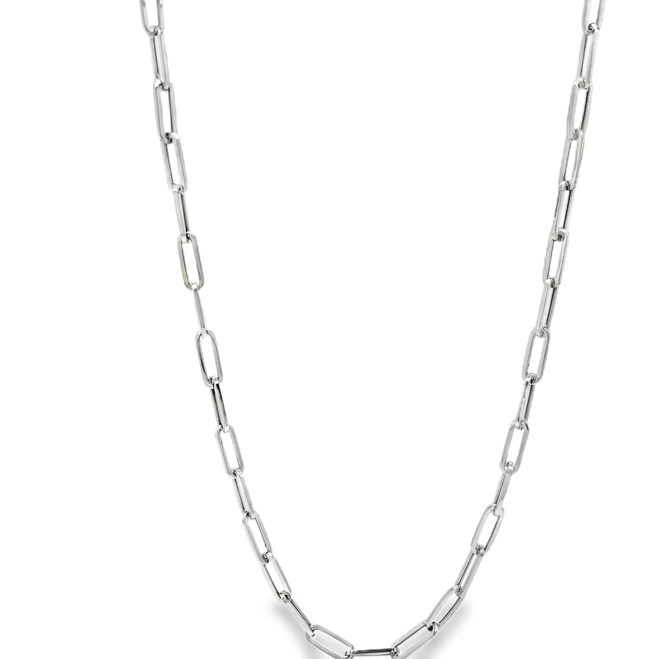 ndulge in luxury with our 14K White Italian Paperclip Link Chain Necklace. Expertly crafted in Italy from precious 14k white gold, this necklace boasts a sophisticated paperclip style and measures 20" in length. At 6.6 grams, it is a lightweight and versatile piece that exudes elegance and refinement. Elevate your style with this exclusive necklace today.