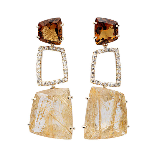 18k Yellow Gold Whisky Citrine, Ritulated Quartz and Diamond Long Earrings Front view