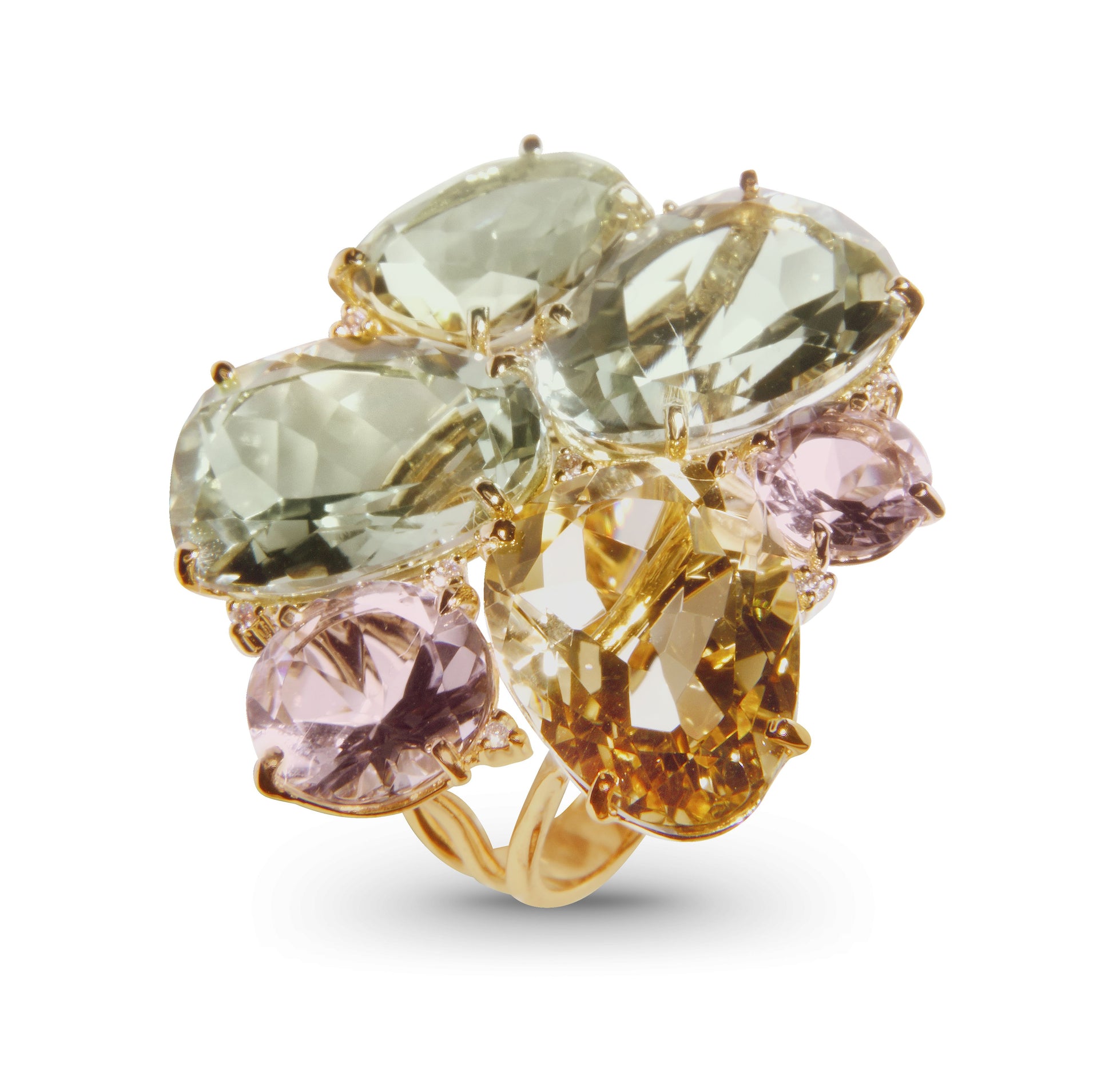 Large Citrine, Green Quartz & Diamond Flower Motif Cocktail Ring Side view 