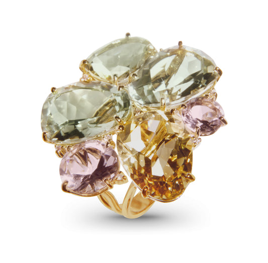 Large Citrine, Green Quartz & Diamond Flower Motif Cocktail Ring Side view 