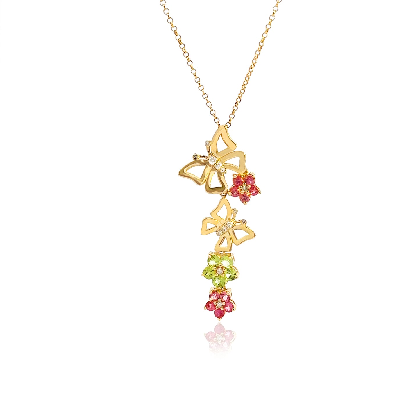 Multicolor Butterfly Lariat Diamond Pendant Necklace Front view 
