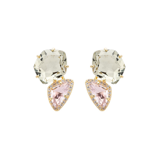 18k Yellow Gold Amethyst, Praziolite & Diamond Stud Earrings Front view