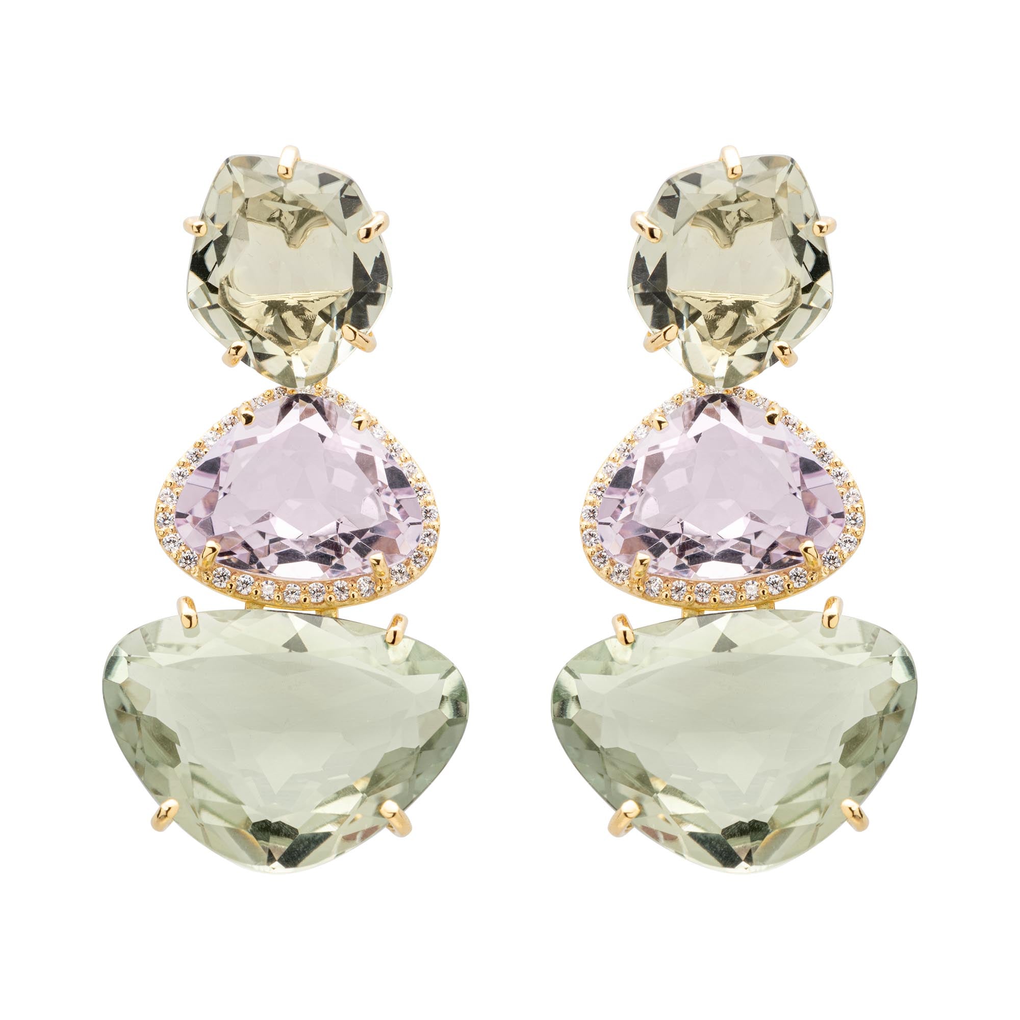 ndulge in decadent luxury with our 18k yellow gold drop earrings. Crafted in Brazil, the trillian cut amethyst and large Praziolite gems are elegantly accented with round diamonds. Complete with secure friction backs, these earrings exude sophistication and exclusivity. Elevate your style and make a statement with these stunning earrings.