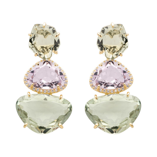 18k Yellow Gold Amethyst, Praziolite & Diamond Drop Earrings Front view