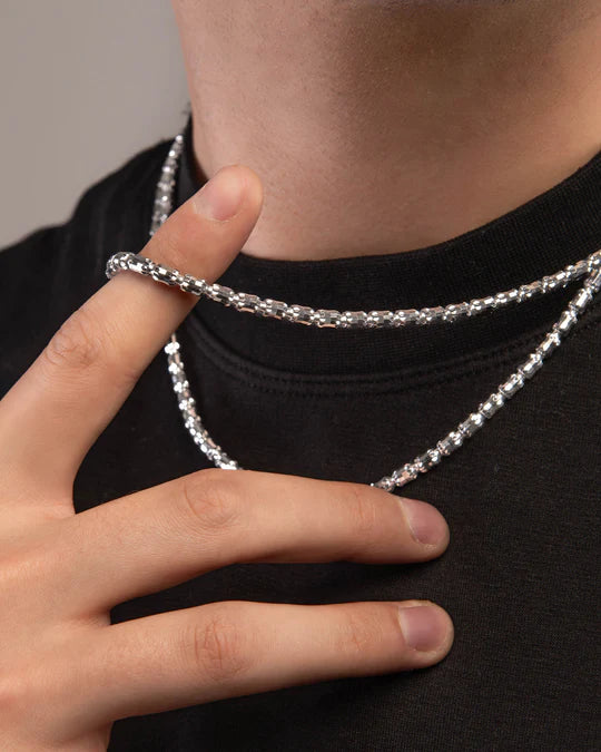 Italian Made Mens Rhodium Coated Barrel Link Sterling Silver Necklace 24"