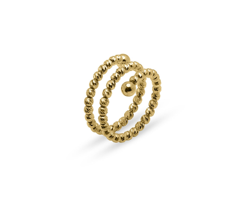 The Italian collection from Desmos presents the Yellow Gold plated Sterling Silver Gold plated Bead Wrap Around Ring. With a high precision diamond cut 2.50 mm bead, this ring is both elegant and durable. Perfect for adding a touch of sophistication to any outfit.