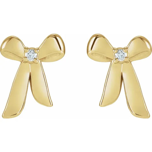 Front view of 14k Yellow Gold Small Bow Earrings with Diamond