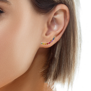 Try on view of 18k Rose Gold Multicolor Sapphire Climber Earrings