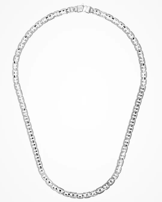 Top view of Italian Made Mens Rhodium Coated Flat Fancy Link Sterling Silver Necklace 22" 