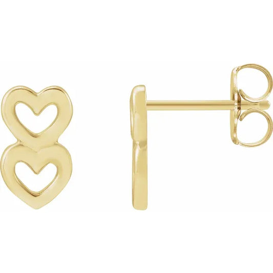 Front and side view of 14k Yellow Gold Small Double Heart Stud Earrings 