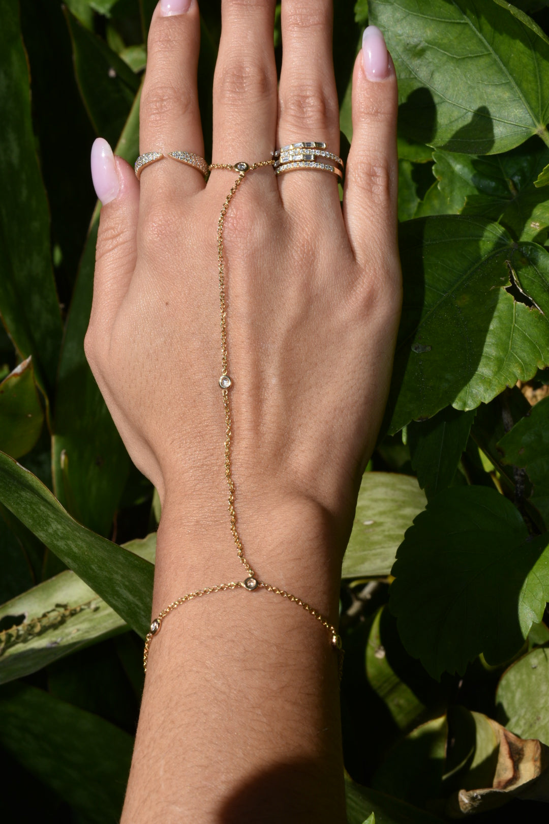 Handmade 14k yellow gold Diamond Hand Chain Try on View