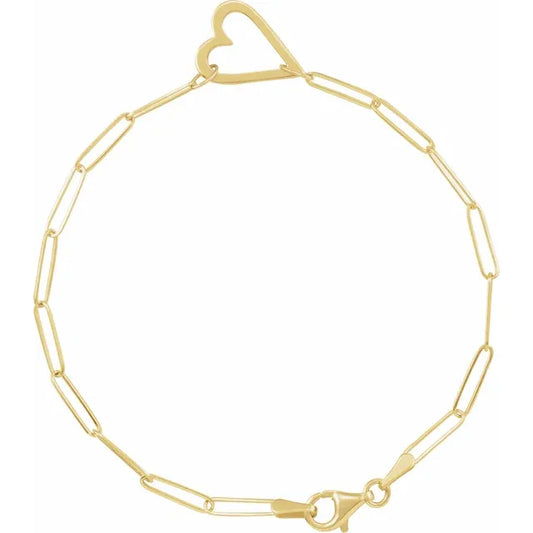 Top view of 14K  Yellow Gold Paperclip Heart Bracelet