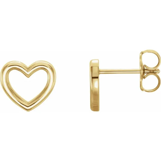 Front and side view of 14k Yellow Gold Small Cut Out Heart Stud Earrings 