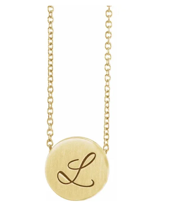 Initial Disk Yellow Gold Pendant Necklace Front view