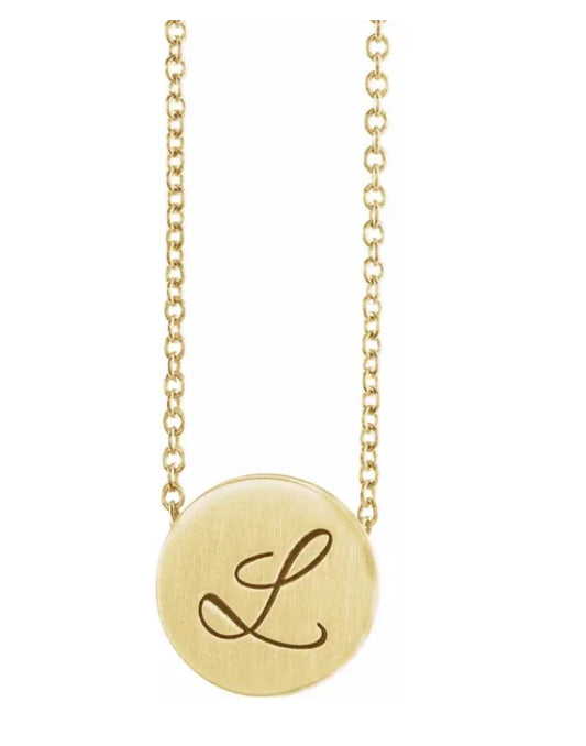 Initial Disk Yellow Gold Pendant Necklace Front view