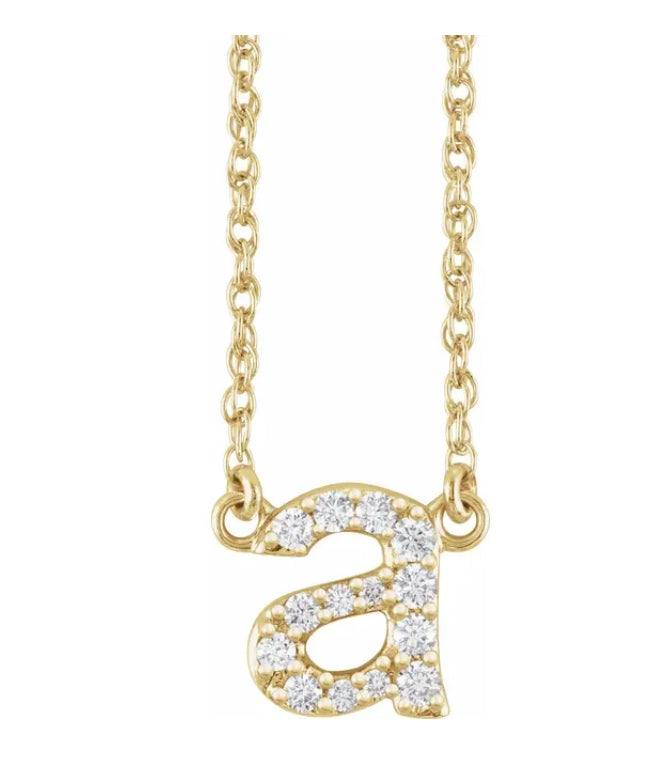 This 14k yellow gold pendant necklace features a lowercase initial with beautiful round diamonds totaling 0.15 carats. The 16" chain adds a delicate touch to this elegant piece, making it a perfect accessory for any outfit. Show off your personal style with this stunning necklace.
