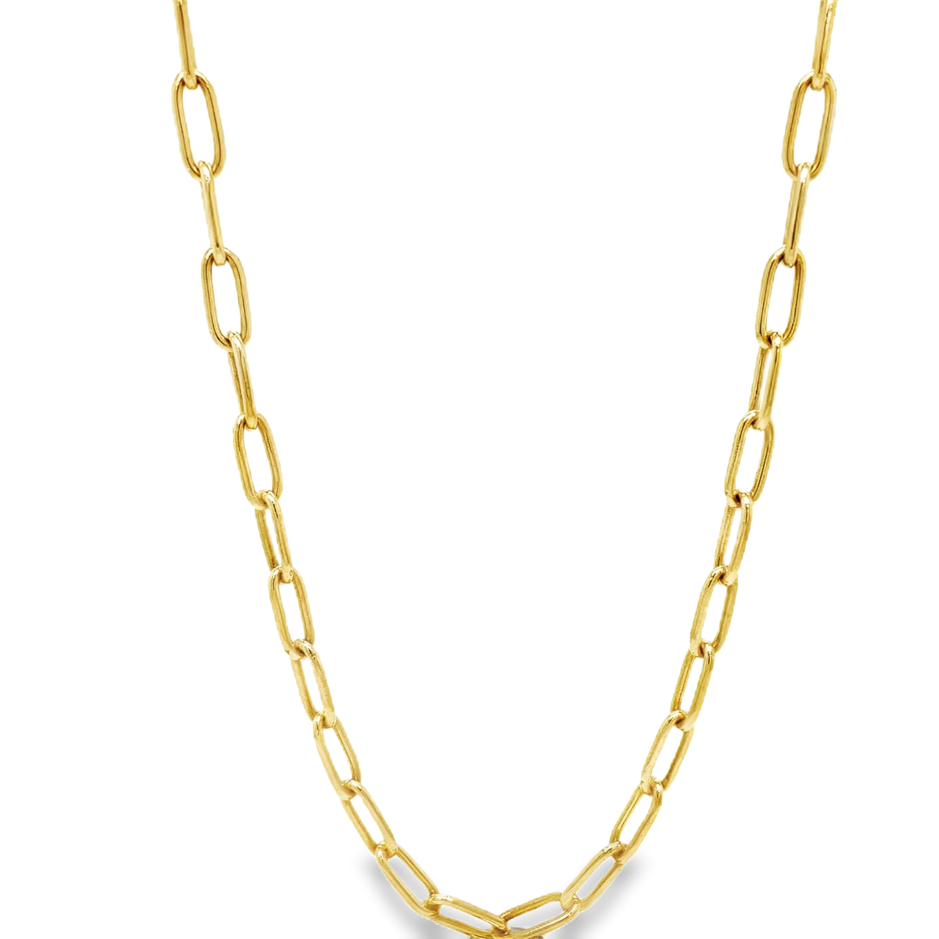 ndulge in sophistication with our 14K Italian Solid Open Link Chain Necklace. Made in Italy from luxurious 14k yellow gold, this 16" necklace features small open links that add a touch of elegance. Weighing in at 12.90 grams, it's a truly exclusive piece to add to your collection.