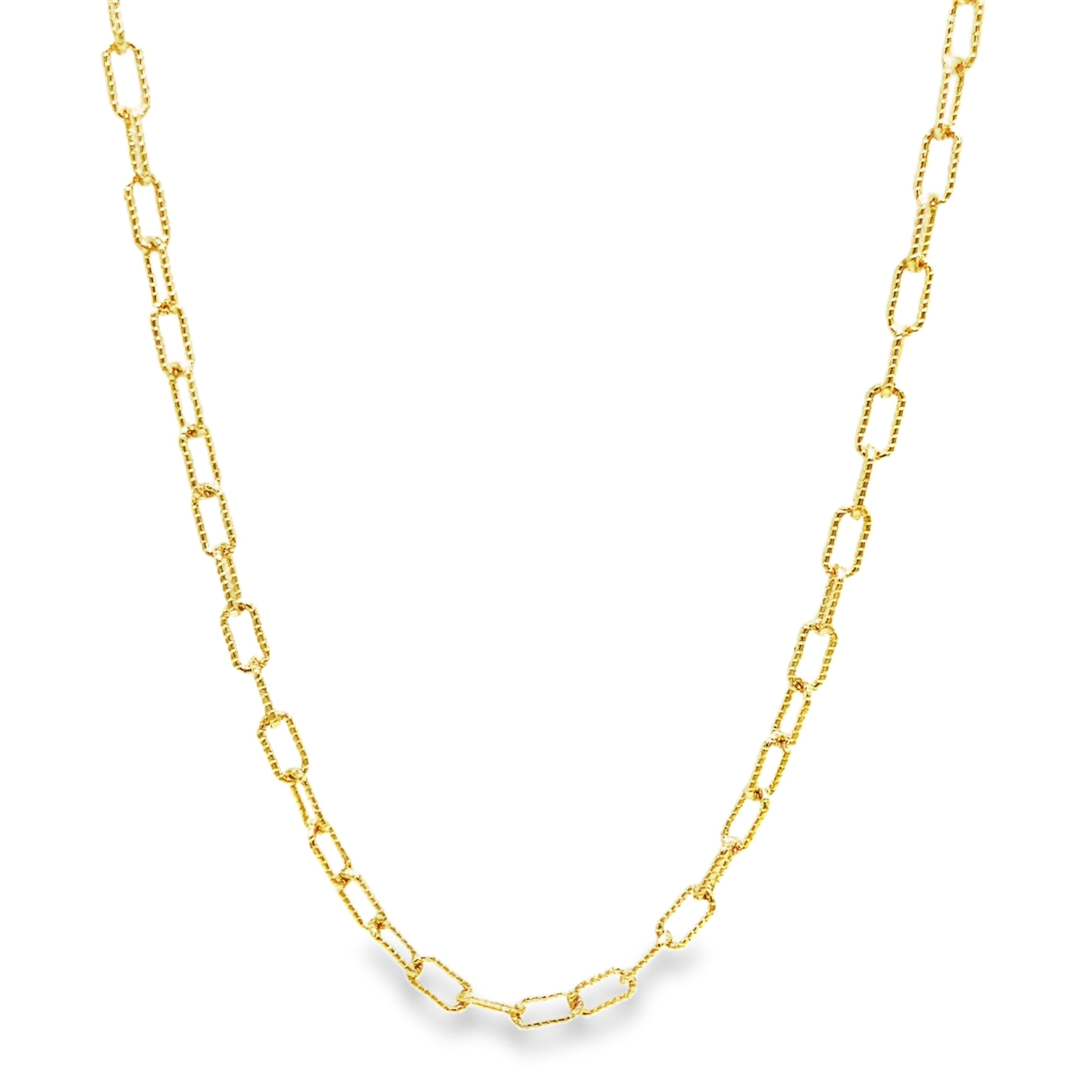 Indulge in sophistication with our 14K Italian Solid Open Corrugated Link Chain Necklace. Made in Italy from luxurious 14k yellow gold, this 16" necklace features small open links that add a touch of elegance. Weighing in at 7.99 grams, it's a truly exclusive piece to add to your collection.