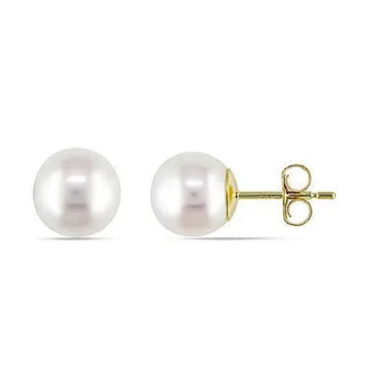 Front and side view of 14K Yellow Gold Cultured Pearl Stud Earrings 8.00 mm
