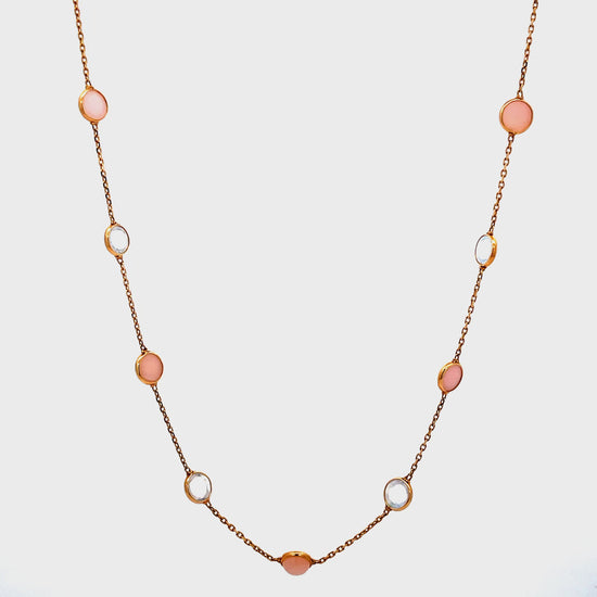 Try on view of 18k Peruvian Opal and Moonstone Cabochon Bezel Set Station Necklace in Yellow Gold