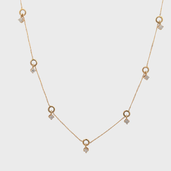 Watch Video of Seven Diamond Station Yellow Gold Dangling Necklace 0.30 cts