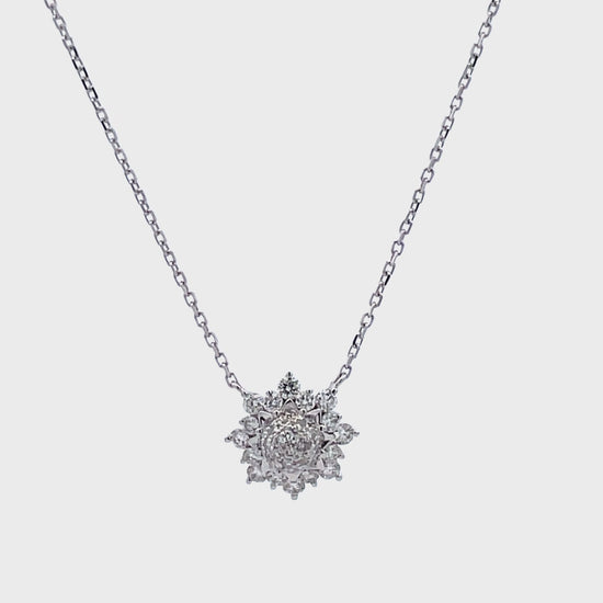 Try on video of 18k White Gold Small Sunburst Diamond Pendant Necklace 