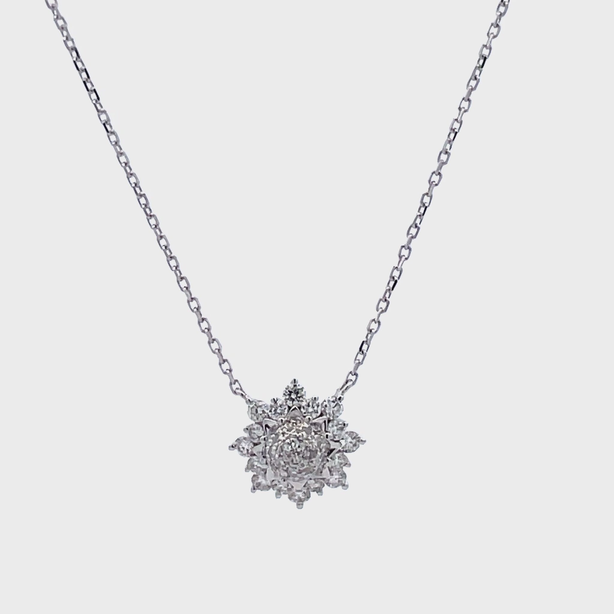 Try on video of 18k White Gold Small Sunburst Diamond Pendant Necklace 
