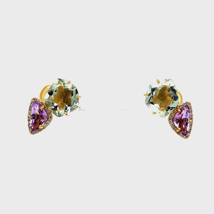 ndulge in luxe elegance with these 18k Yellow Gold Amethyst, Praziolite &amp; Diamond Stud Earrings. Handcrafted in Brazil, the stunning trillian amethyst and praziolite gems are perfectly complemented by sparkling round diamonds. With secure backs, these earrings are both exquisite and practical. Elevate any look with these premium studs.