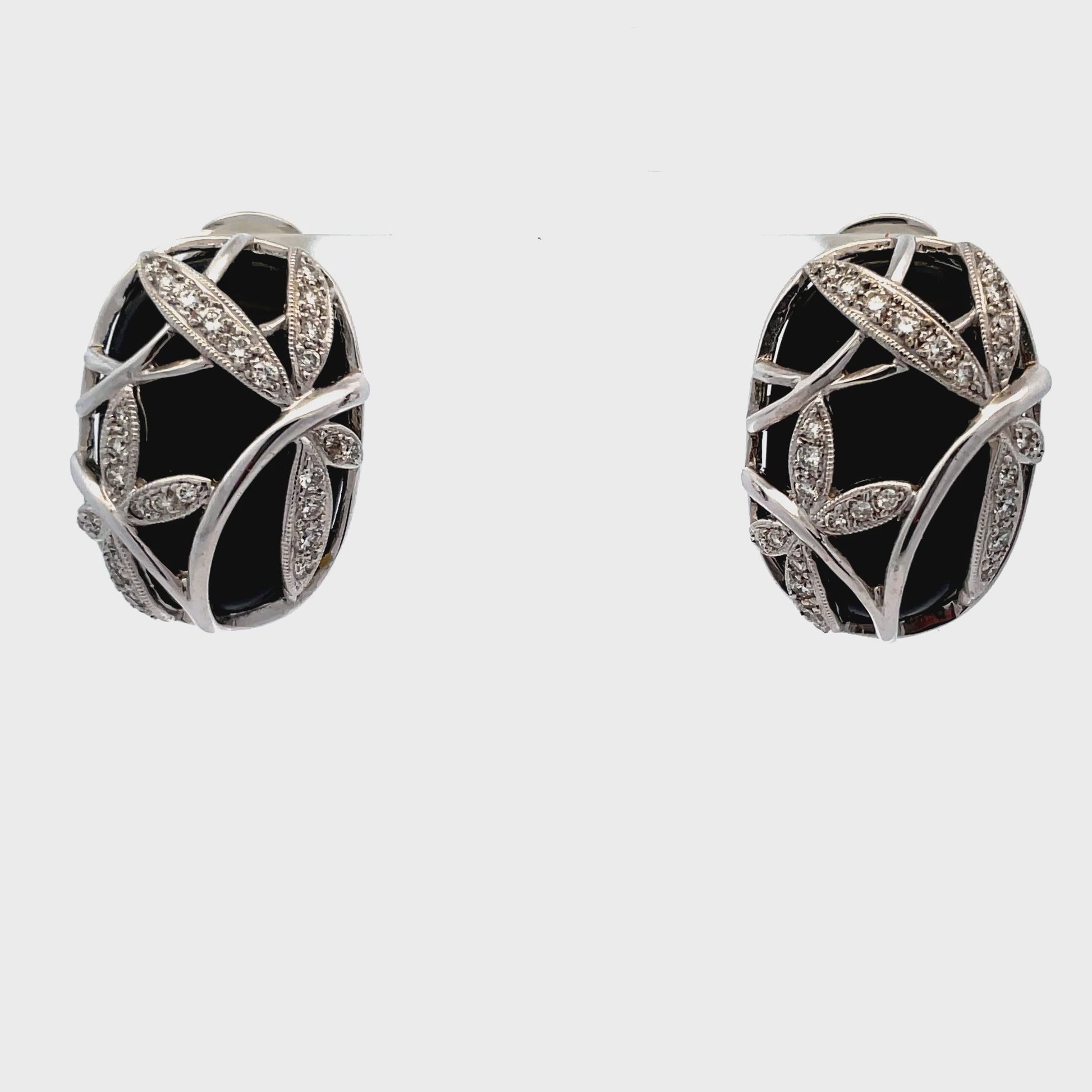 Try on video of Estate 18k White Gold Diamond Dragonfly Onyx Earrings 