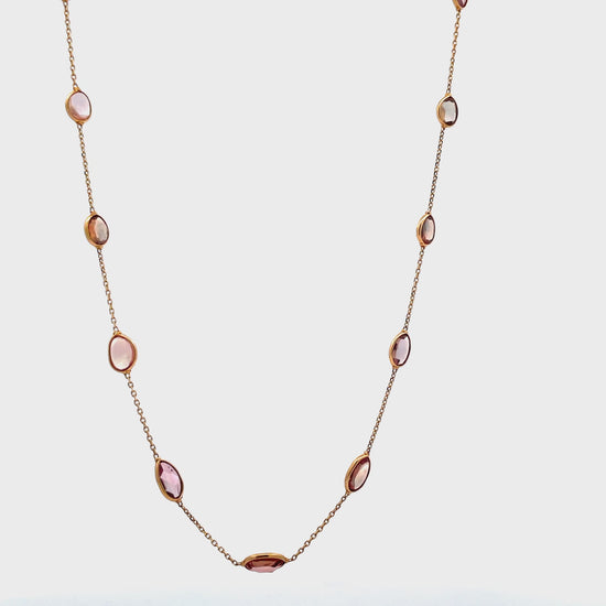 Try on video of 18k Yellow Gold Cabochon Pink Sapphire Cabochon By The Yard Necklace 6.05 cts