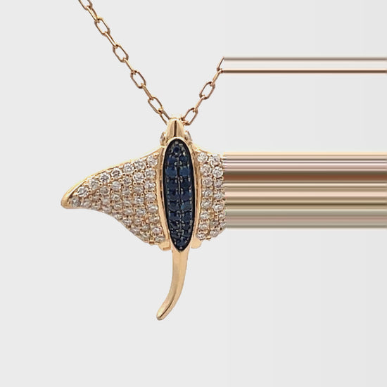 Try on video of 14k Yellow Gold Sapphire and Diamond Stingray Pendant Necklace