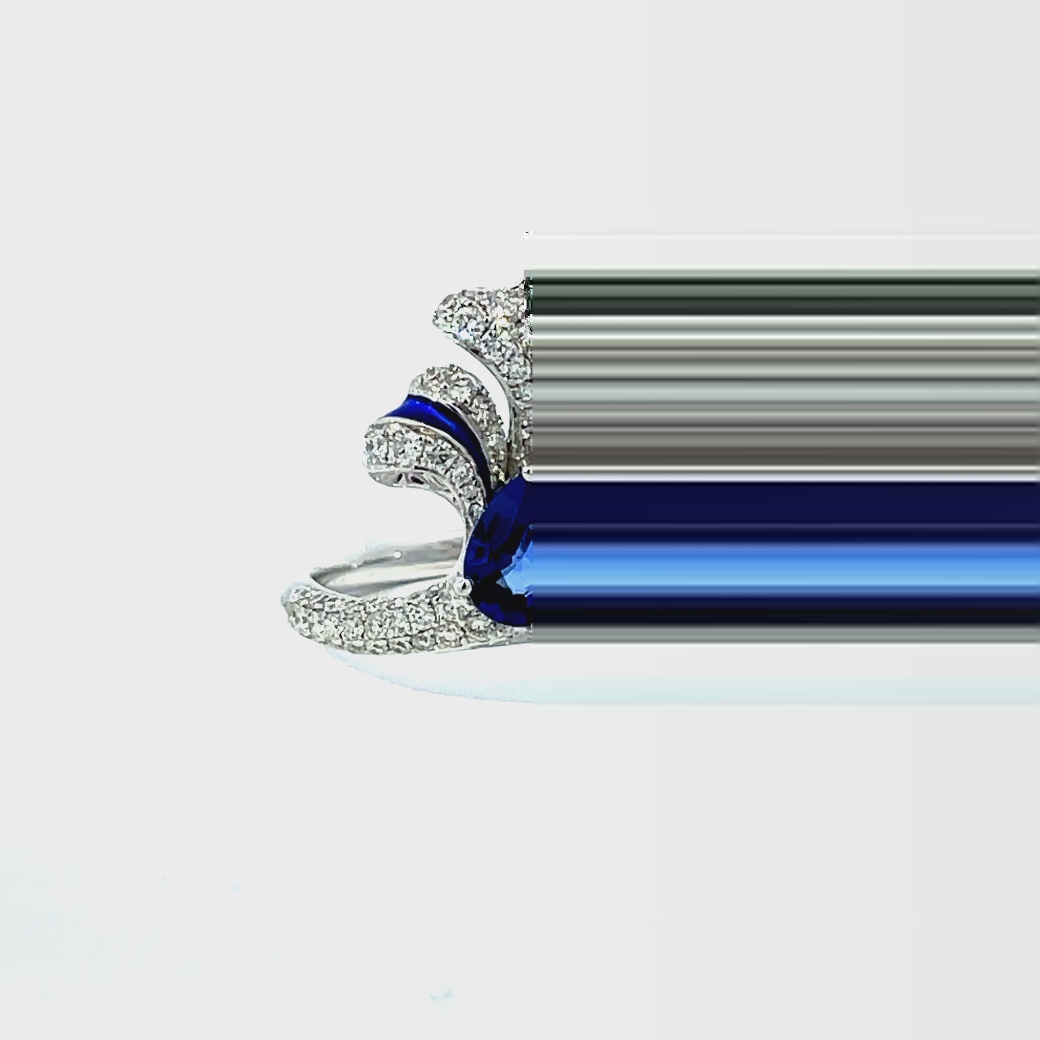 Try on video of Front of 18k white Gold Sapphire and Diamond Feather Enamel Ring