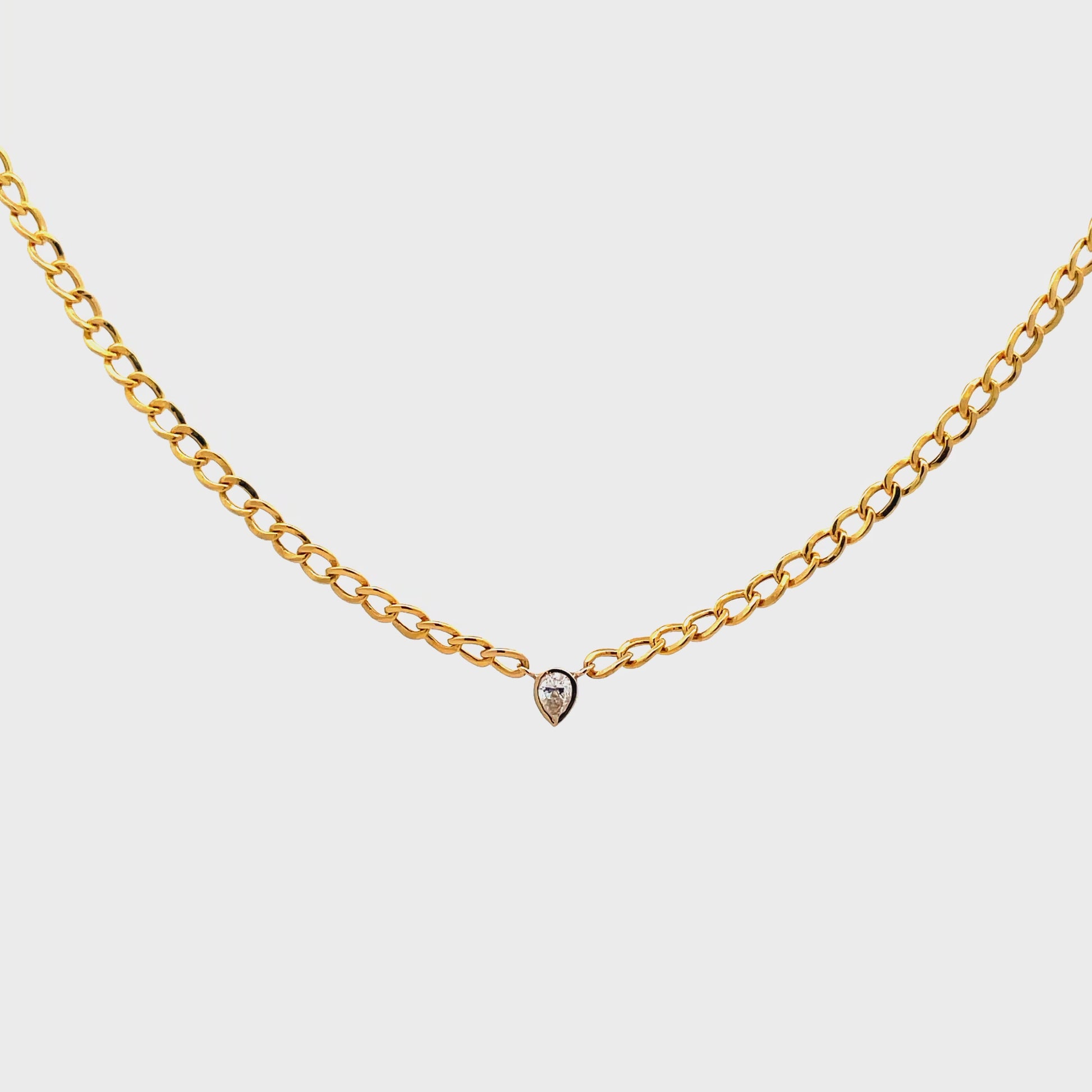 Try on video of 14k Yellow Gold Pear Shape Solitaire Light Weight Necklace 0.15 cts