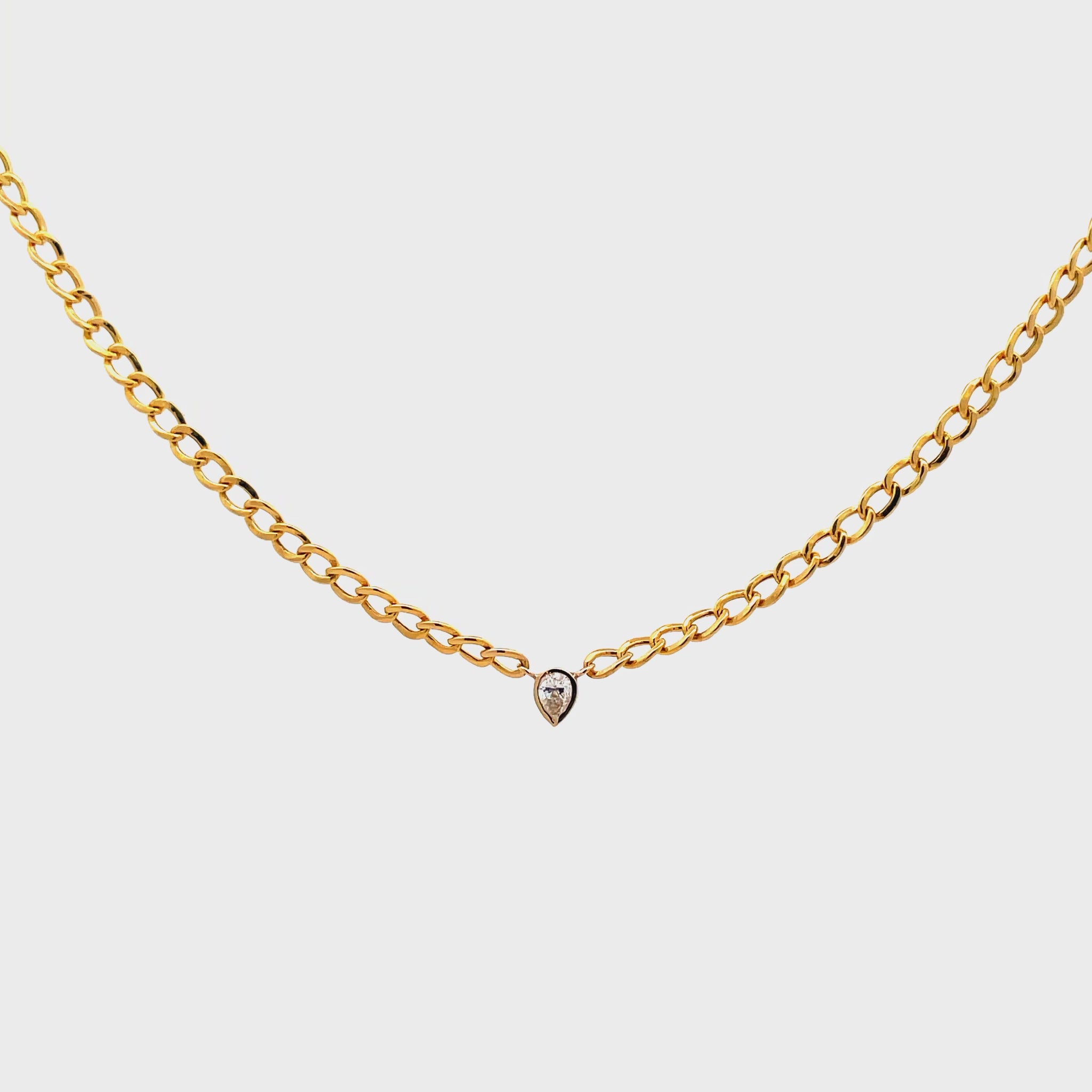 Try on video of 14k Yellow Gold Pear Shape Solitaire Light Weight Necklace 0.15 cts
