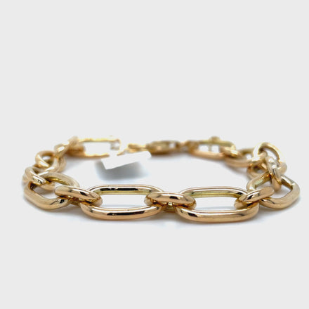 ndulge in luxury with our 14K Yellow Gold Solid Large Oval Open Link Bracelet. Made of 14k yellow gold, its secure lobster clasp and safety chain provide peace of mind while its 10.00 mm wide open link design adds elegance to any outfit. Elevate your style with this exclusive piece.