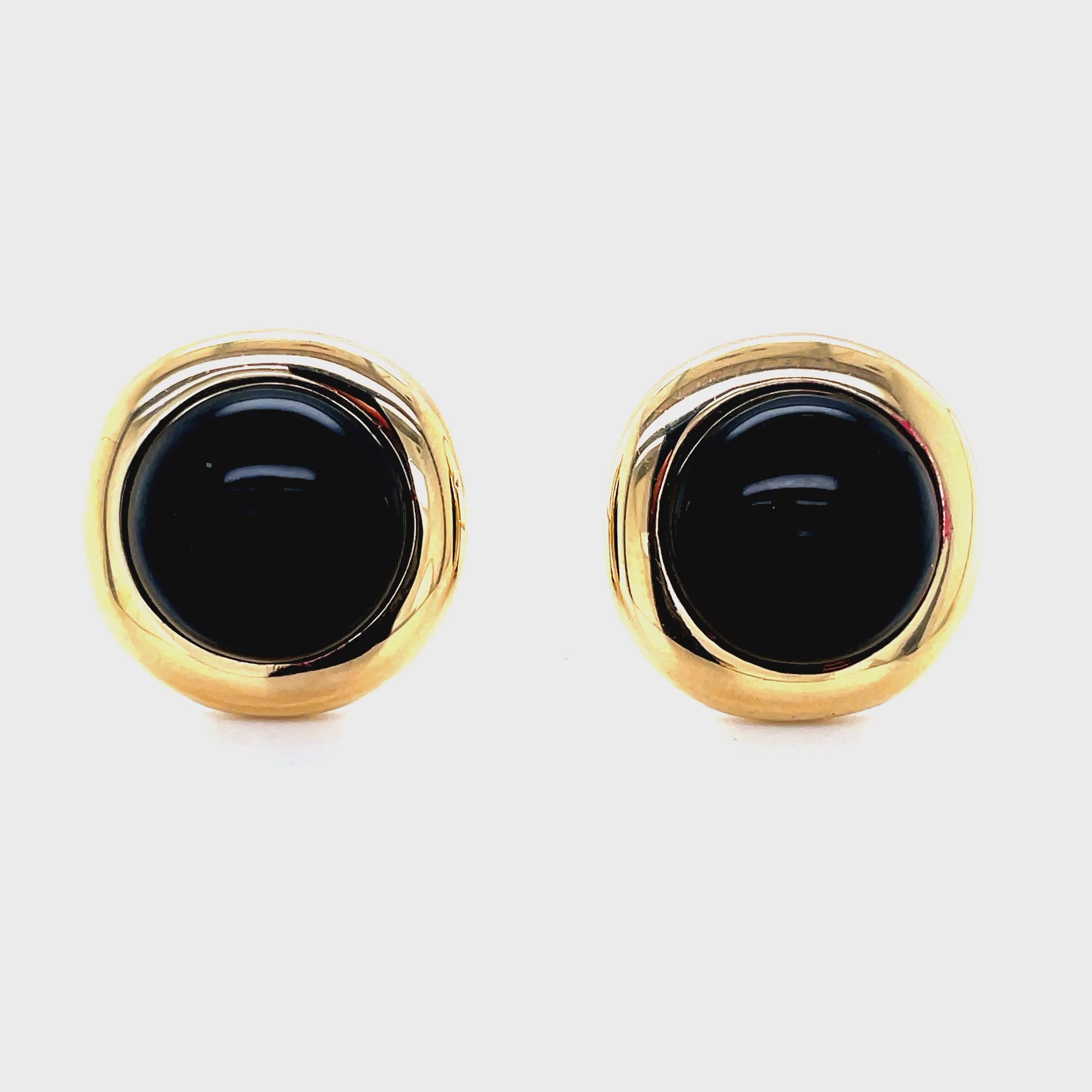 Try on  video of 14K Yellow Gold Onyx Cabochon Yellow Gold Stud Earrings
