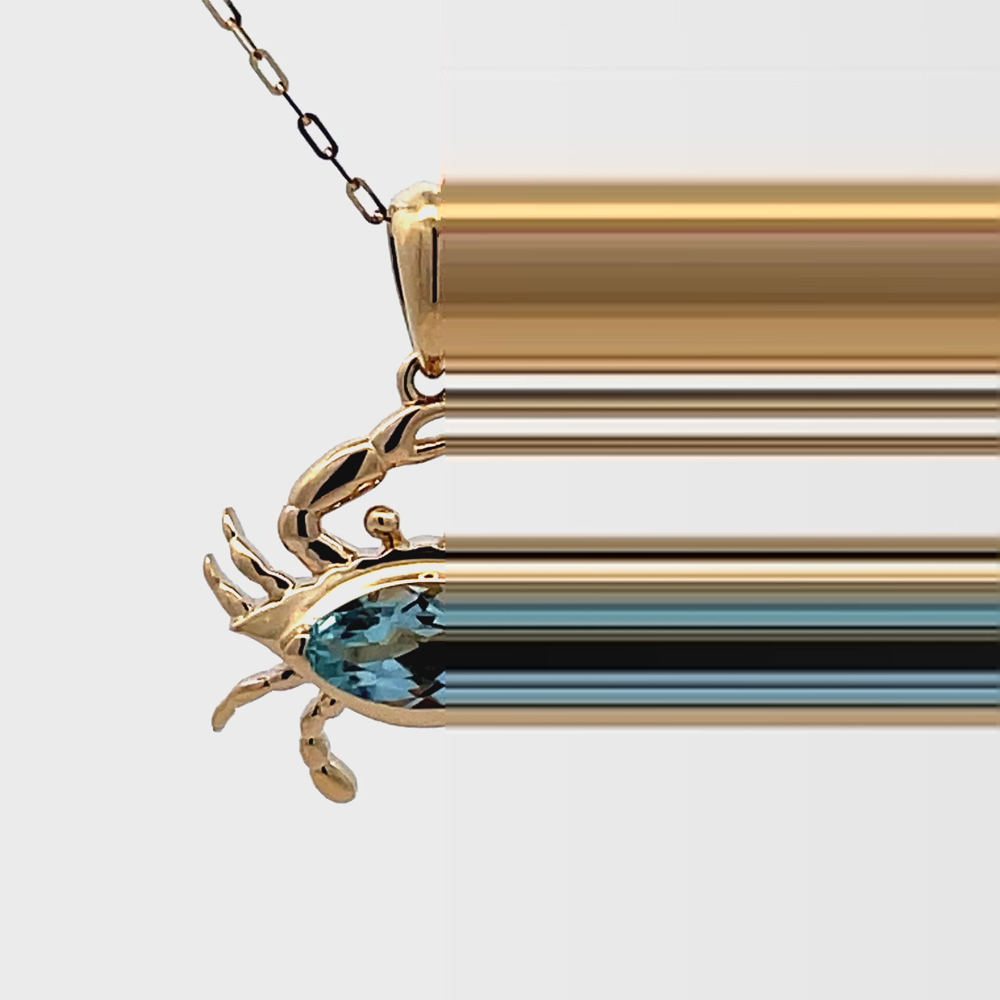Try on video of 14k Yellow Gold Blue Topaz Crab Pendant Necklace