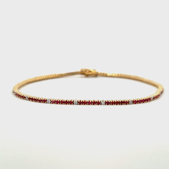 Try on video of 14k Yellow Gold Ruby & Diamond Line Bracelet 