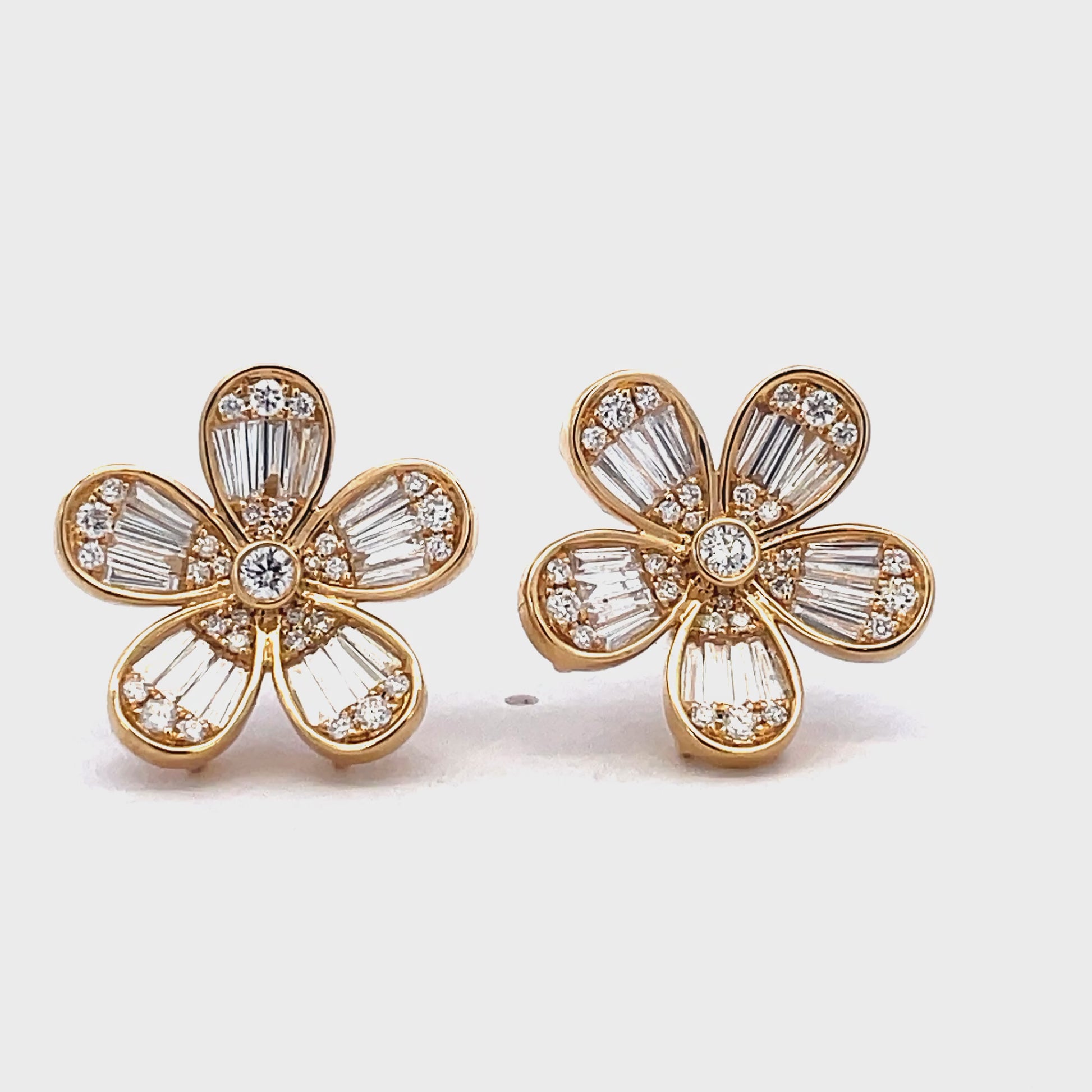 Try on view of 18K Yellow Gold Small Five Petal Flower Mixed Cut Diamond Stud Earrings 1.55 cts
