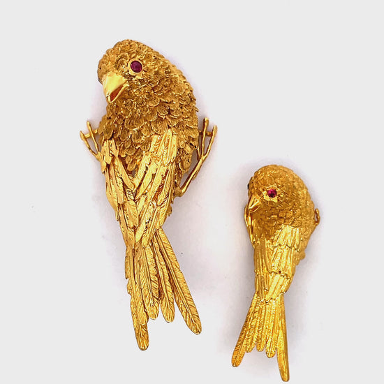 Try  on video of Estate 18k Yellow Solid Gold Ruby Large and small Bird Brooche
