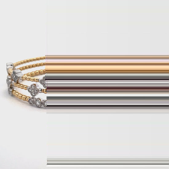 Try on view of 14k Flexible White and Yellow Gold Five Triple Circle Station Diamond Bangle Braceletf 