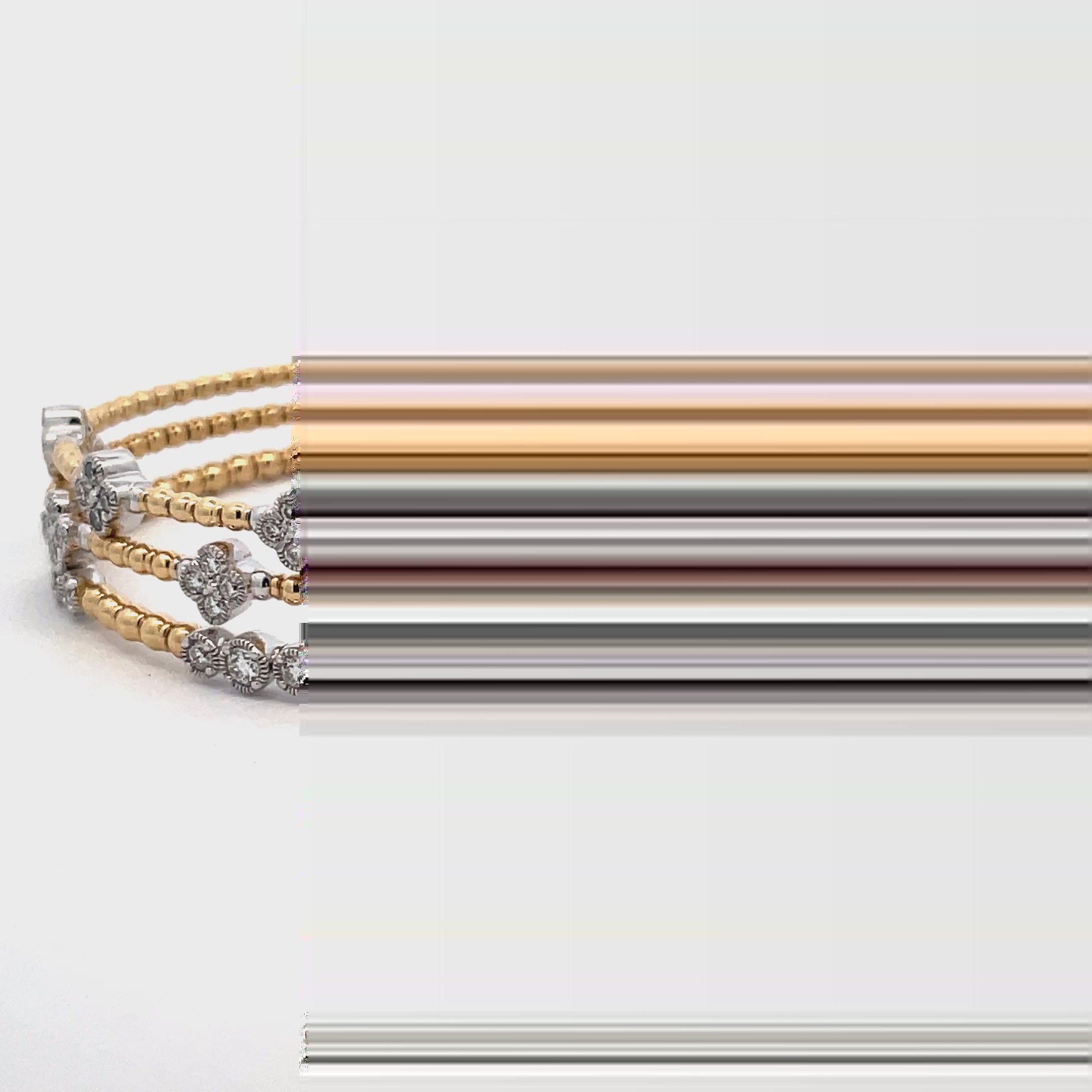 Try on view of 14k Flexible White and Yellow Gold Five Triple Circle Station Diamond Bangle Braceletf 